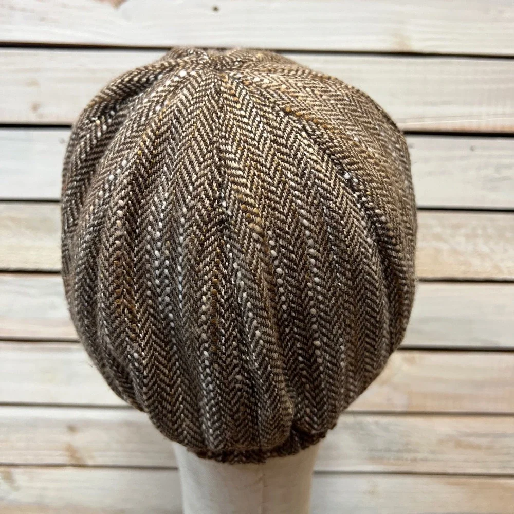 Vintage Brown Herringbone Wool Blend Newsboy Cap Flower Bead Detail OS